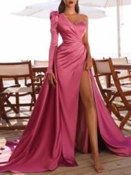 Women's Dresses Long Sleeve One Shoulder High Slit Party Evening Dress - Image 4