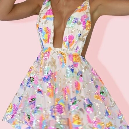 Women's Dresses V-Neck Open Back Sequins Lace-Up Mini Dress