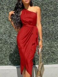 Elegant Slanted Shoulder Sleeveless Long Dress - Image 6