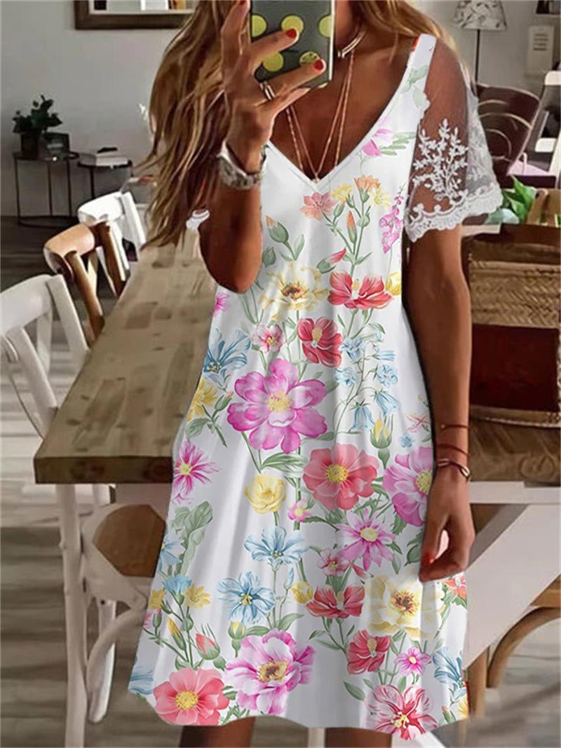 B6A3BE8D-CB5E-3F17-48A3-E2F86B148EBB.jpg Women's Dresses Printed V-Neck Lace Sleeve Dress - Image 1
