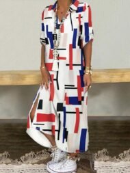 Women's Dresses Loose Printed Split Shirt Maxi Dress - Image 5