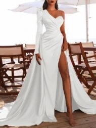 Women's Dresses Long Sleeve One Shoulder High Slit Party Evening Dress - Image 2