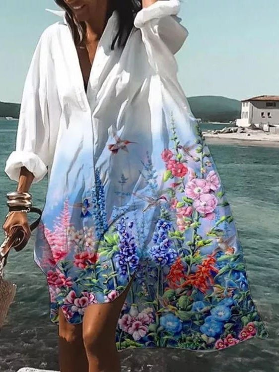 D5449569-DDA6-EC1A-D9D7-B80BCB4005C8.jpg Women's Dresses Loose Lapel Printed Irregular Long Sleeve Shirt Dress - Image 1